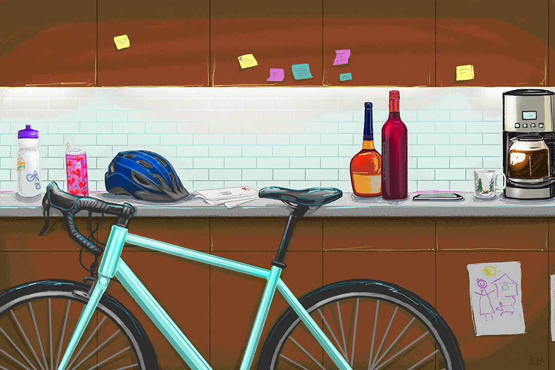 Cap it Off Illustration by Aira Burkhart (bike in a workshop)